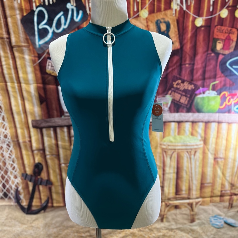 Charmo Zip-Front One-Piece Swimsuit | Small | UPF 50+ Sun Protection Blue Green